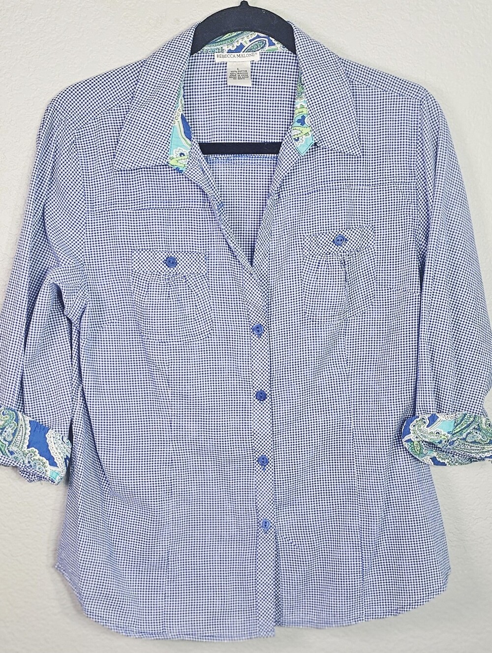 Rebecca Malone Blue Gingham Button Front Shirt Womens Large Paisley Trim